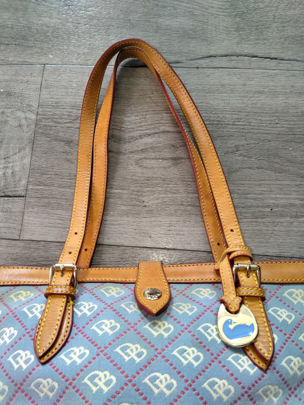 Dooney & Bourke Light Blue Logo Tote with Tan Leather Trim - Picture 12 of 15
